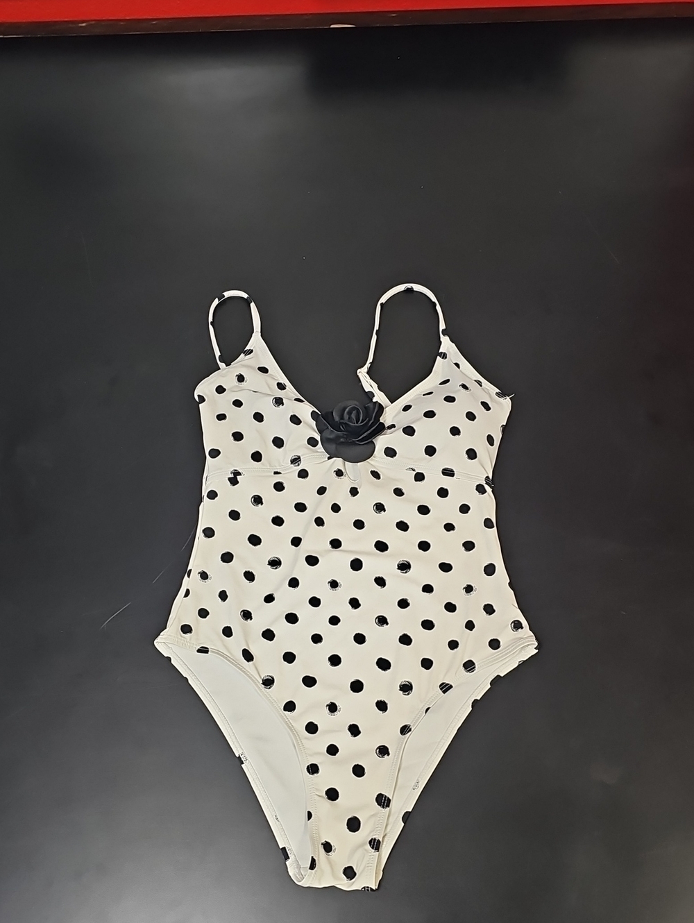 Betsey Johnson White Polka Dot One-Piece Swimsuit with Black Rosette